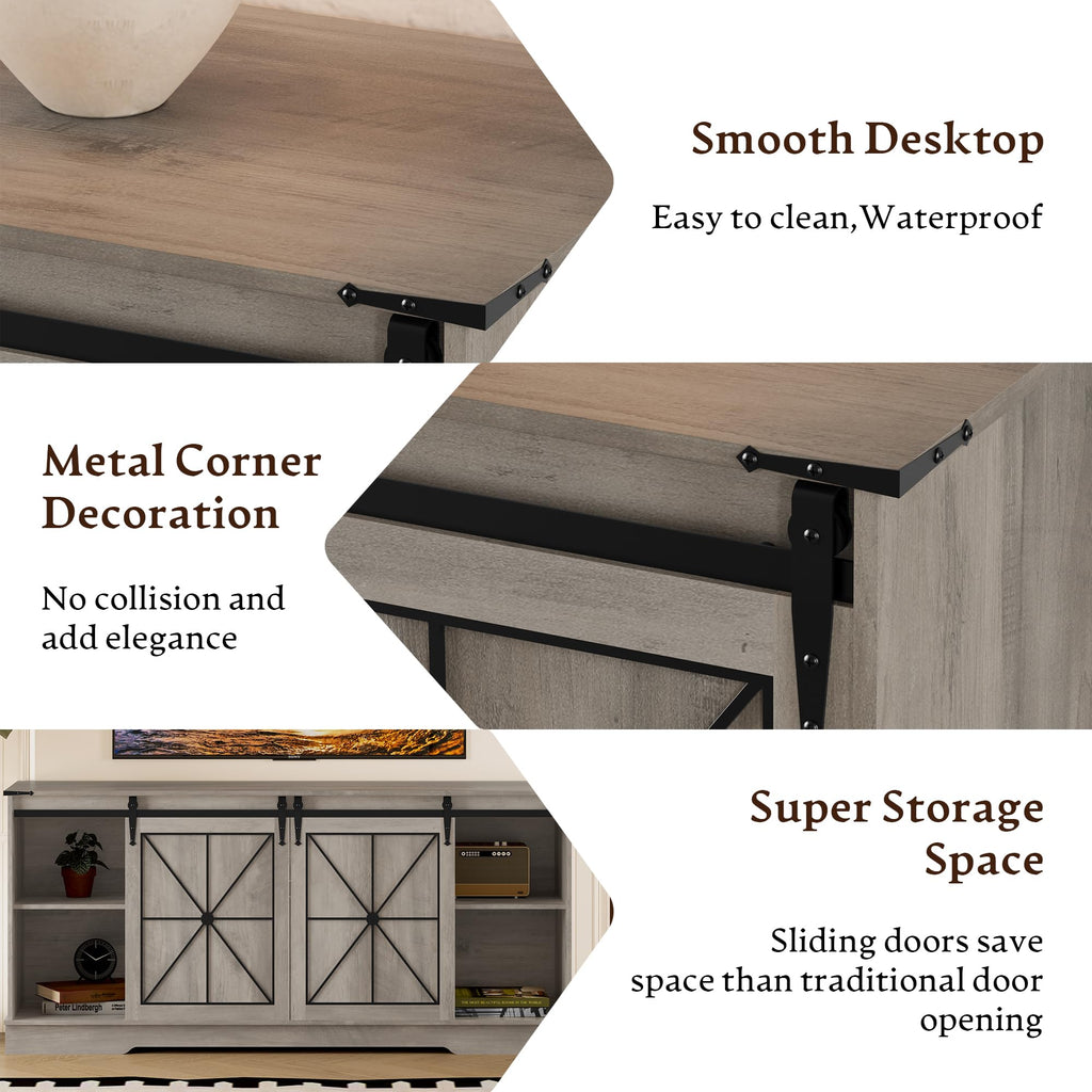 Farmhouse TV Stand for 65 Inch TV with Sliding Barn Doors Wood Gray