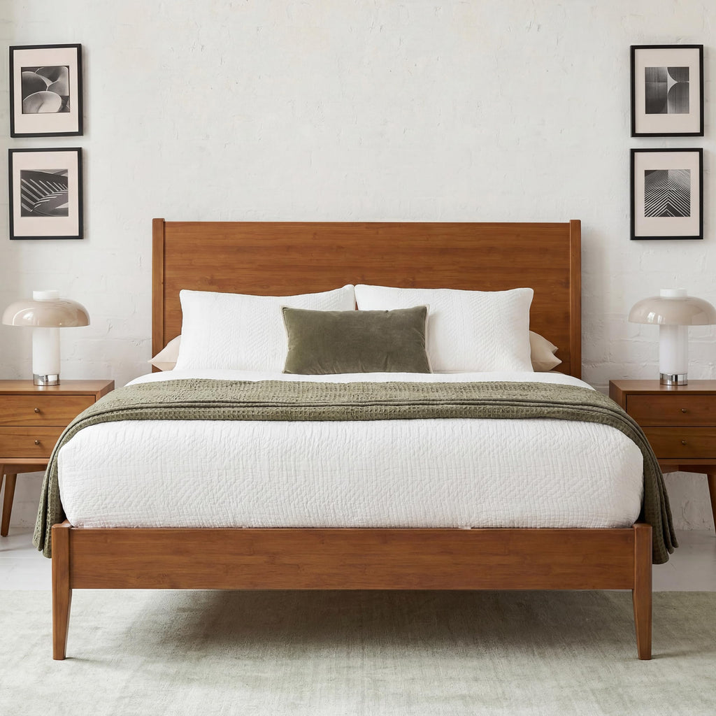 Queen Size Solid Wood Bamboo Bed Frame, Mid-Century Modern Sleigh Platform Bed Frame with 8.1"H Under-Bed Space, Wood