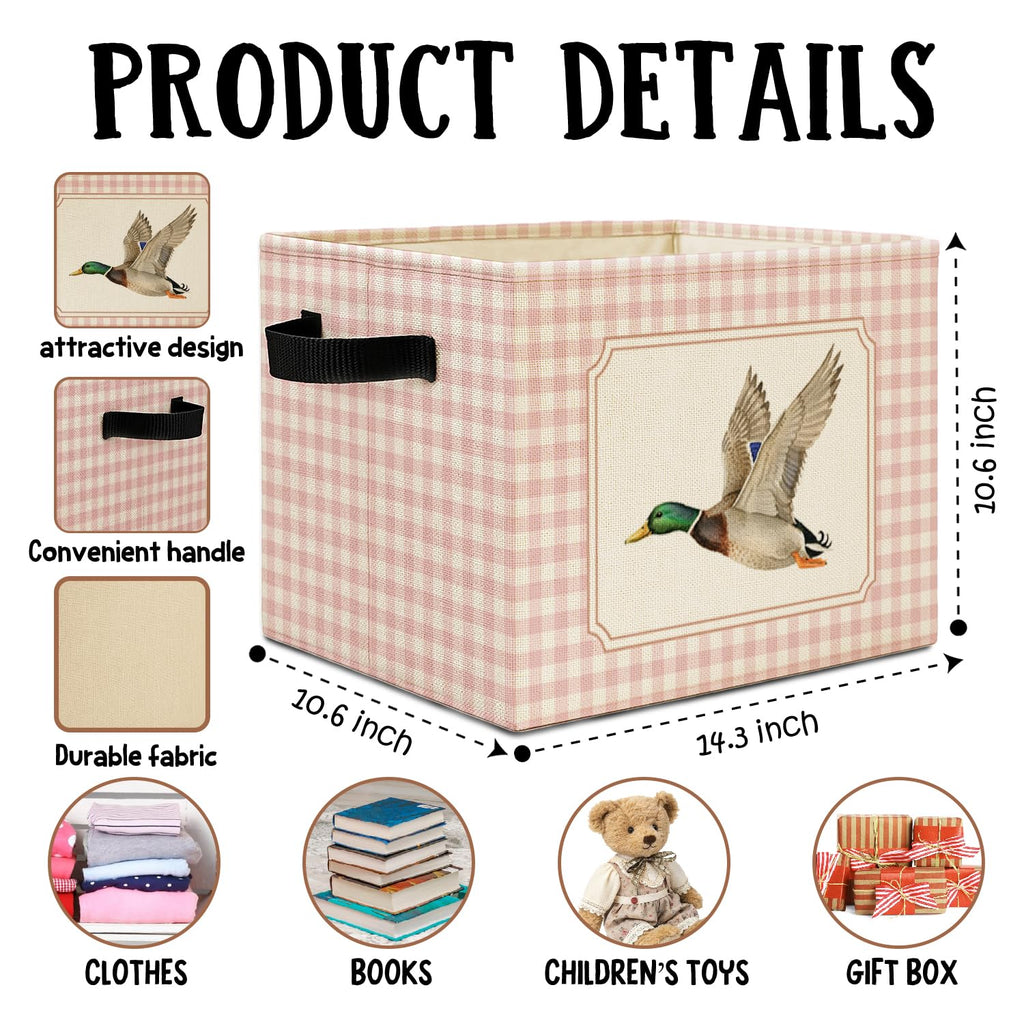 Pink Checkered Mallard Duck Storage Bins Box with Handles, Flying Mallard Duck Preppy Laundry Basket Hamper