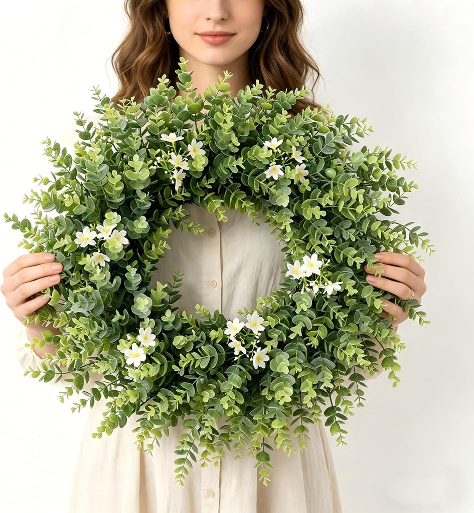 24" Large Eucalyptus Wreath for Front Door - All Season Artificial Greenery Wreath with White & Yellow Blossoms