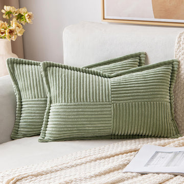 Decorative Lumbar Throw Pillow Covers 12x20 Inch Sage Green 2 Pack