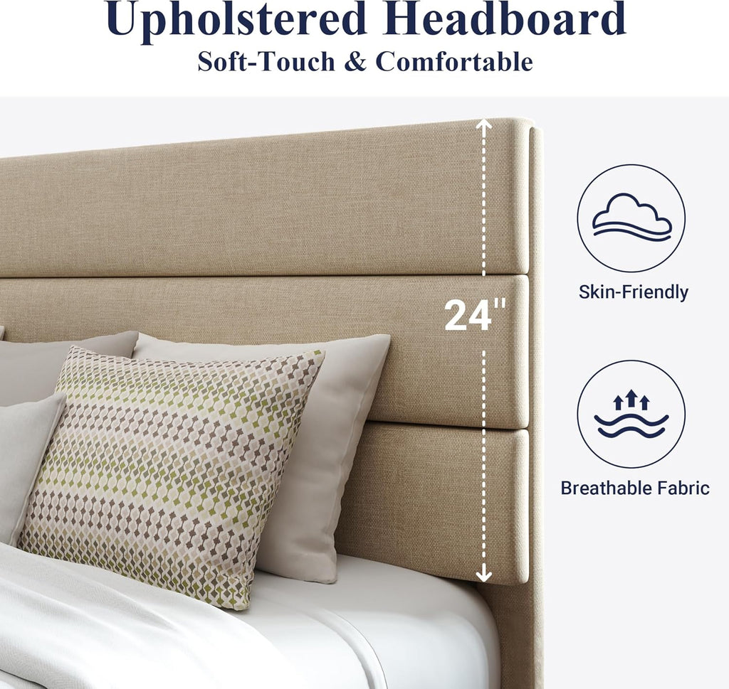 King Platform Bed Frame with Fabric Upholstered Headboard and Wooden Slats Support