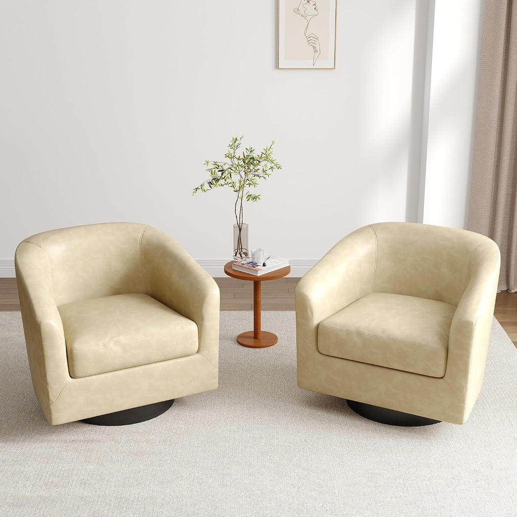 Faux Leather Swivel Accent Barrel Chairs, Round Armchair, Cream - Set of 2