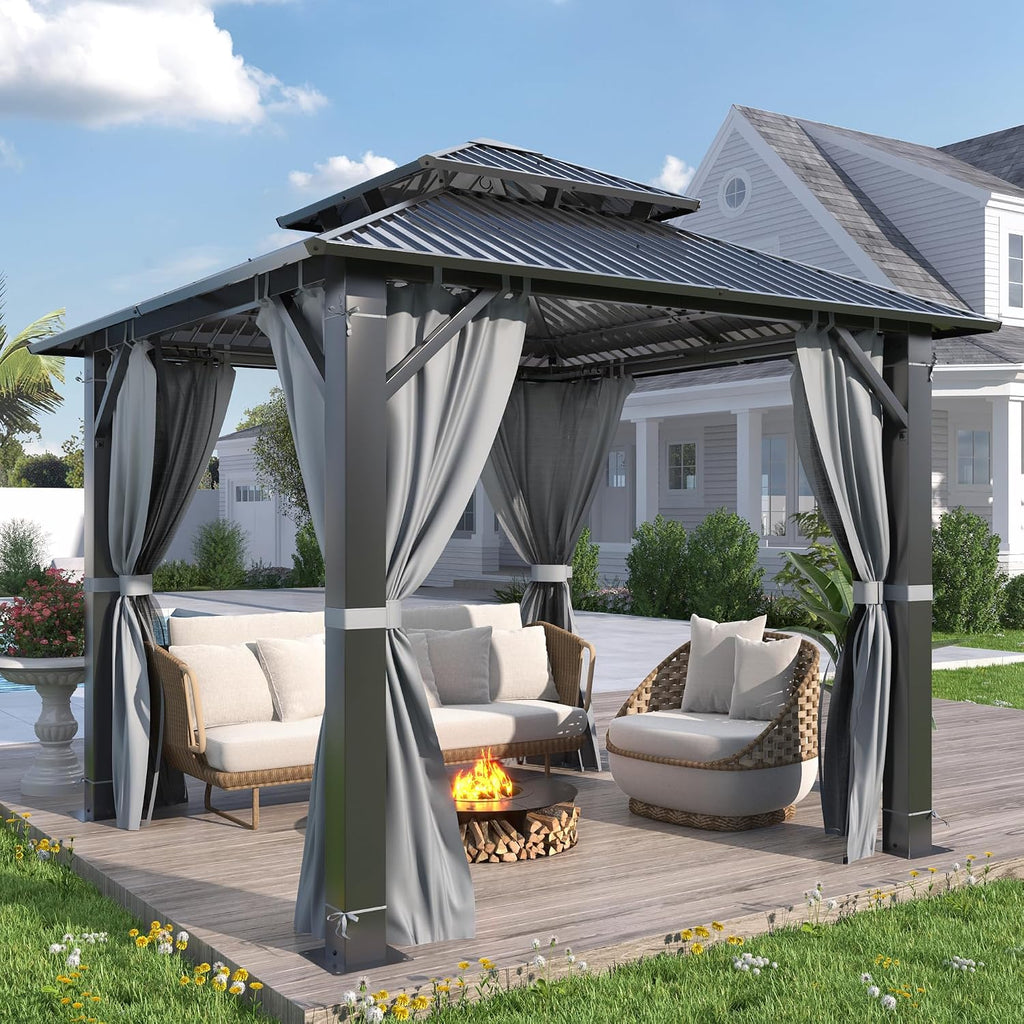 8.5' x 8.5' Outdoor Hardtop Gazebo - Aluminum Heavy-Duty Double Roof Vented Gazebo with Breathable Netting & Privacy