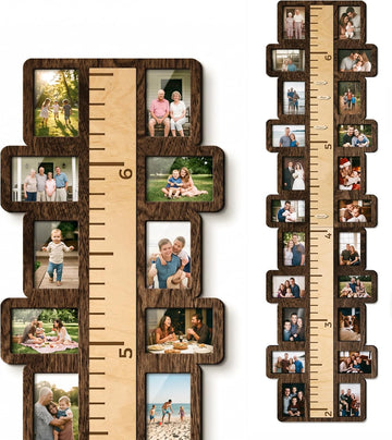 Wooden Growth Chart for Kids with 22 3.5"x5" Photo Frames, 58x15 Inch Height Chart for Wall, Inch Measurement Ruler