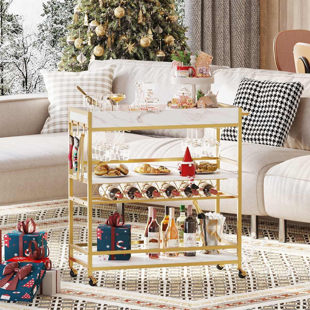 Gold Bar Cart on Wheels with Wine Rack & Glass Holders | 3-Tier, Rolling Serving Cart for liquor, Wine and Beverages
