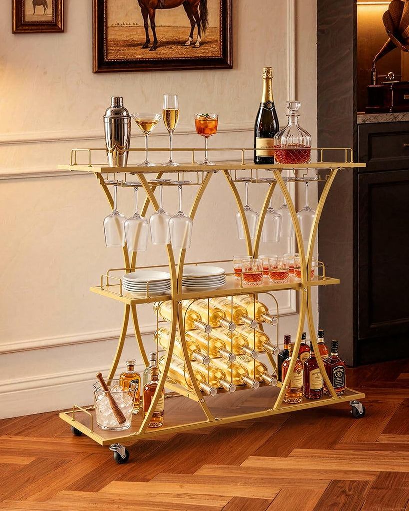 Bar Cart, 3 Tiers Home Kitchen Serving Carts, Modern Rolling Utility Station on Wheels, Drink Beverage Trolley with