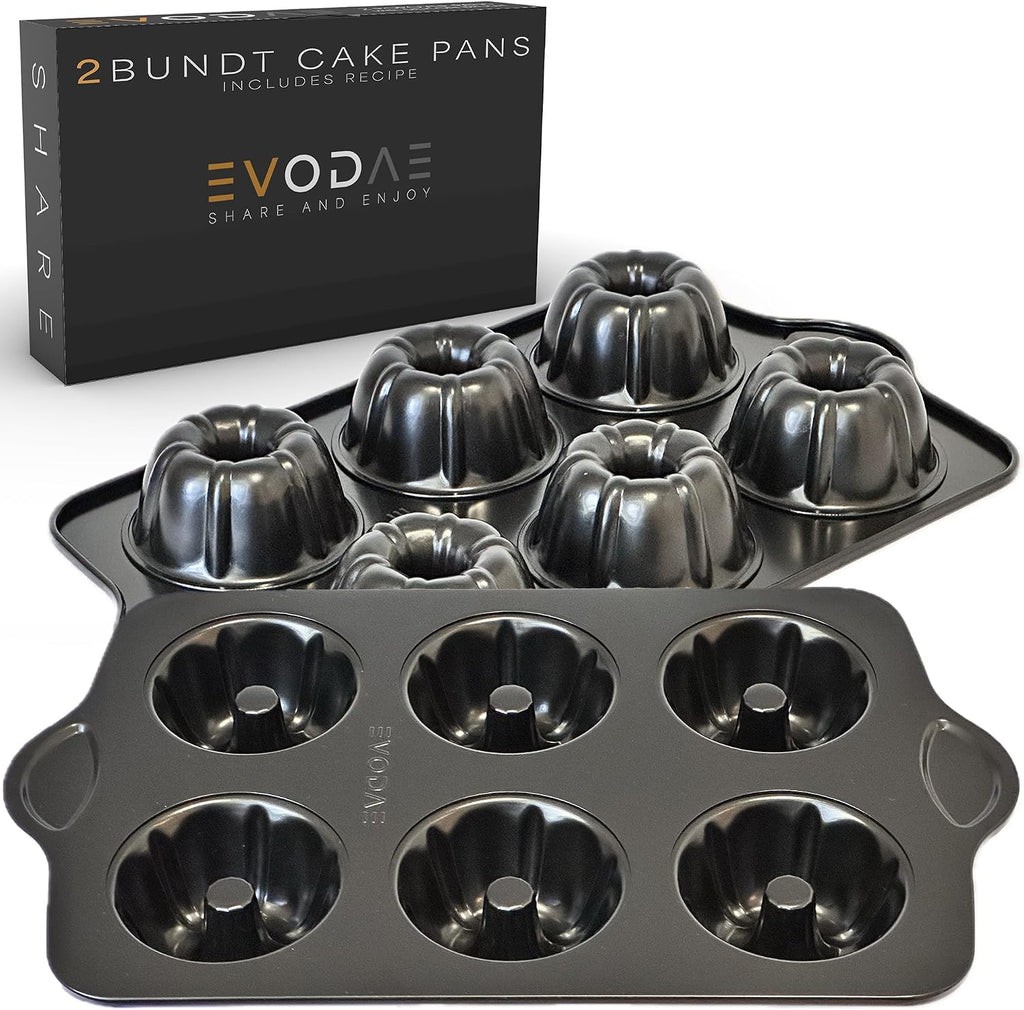 Mini Bundt Cake Pans for - Set of 2 - 6 Cups Each (12 Cups Total) - Nonstick Black Carbon Steel - Heavy-Duty & Built