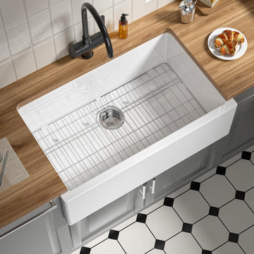 Self Trimming Farmhouse Sink 33 Inch, White Fireclay Kitchen Sink | Tall Apron Front 33"Wx20"Dx10"H , Heavy Duty,Farm