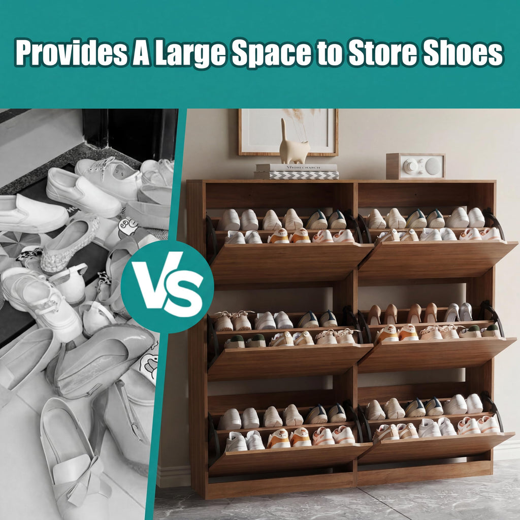 Shoe Storage Cabinet with 6 Flip Drawers, Sturdy Wood Hidden Shoe Storage, Freestanding Narrow Slim Shoe Organizer