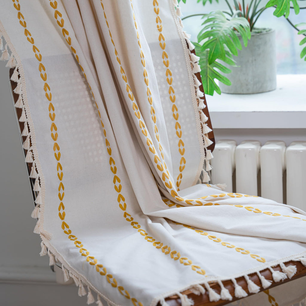 Boho Curtains Bedroom, Semi Blackout Farmhouse Vintage Shabby Chic Tassels Window Treatment Bohemian Embroidery