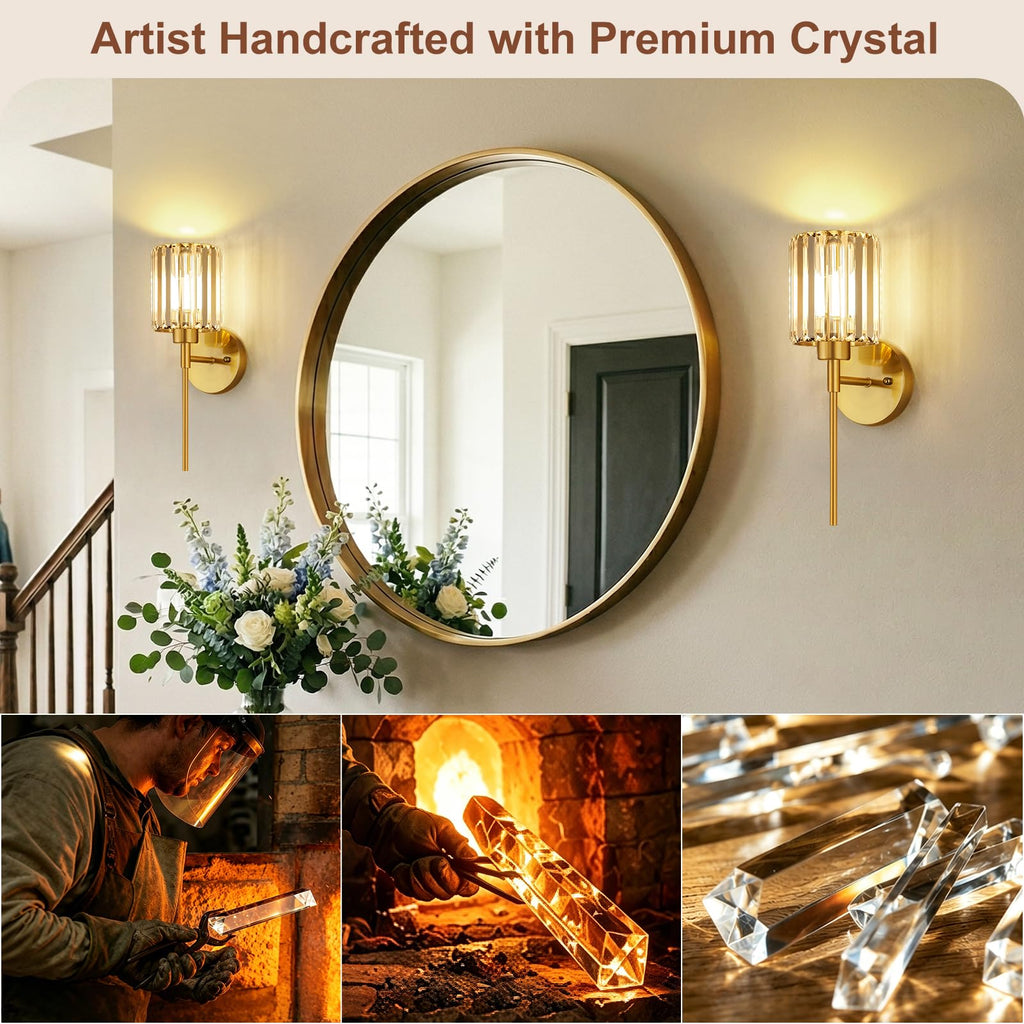 Crystal Battery Operated Wall Sconces, Brushed Gold Rechargeable Wireless Wall Sconce Lights with Dimmable