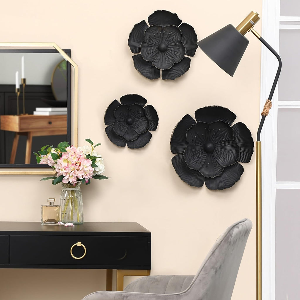 Handmade 3D Metal Flowers Wall Decor Metal Wall Hanging Sculptures Home Decor Floral Art Dark Gray - Set of 3