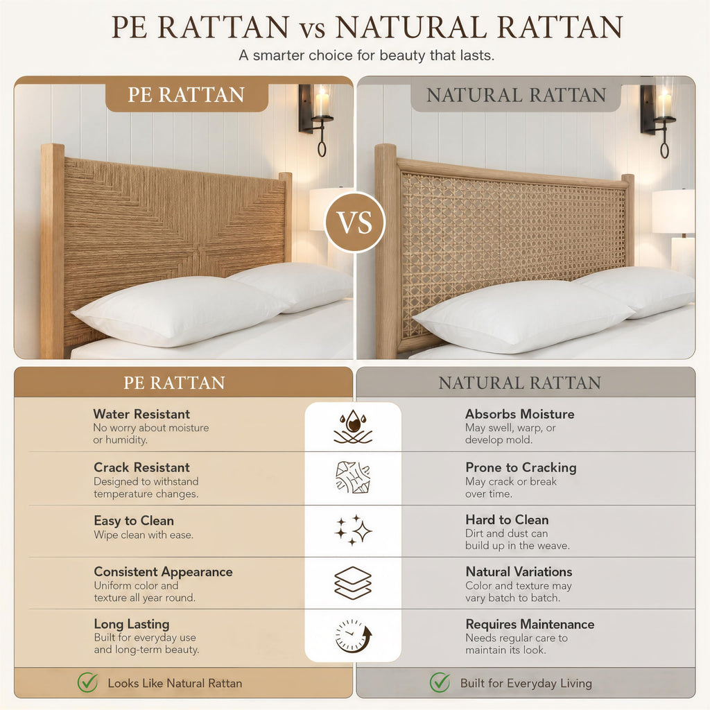 King Size Rattan Bed Frame, Boho Wicker Headboard, Natural Oak