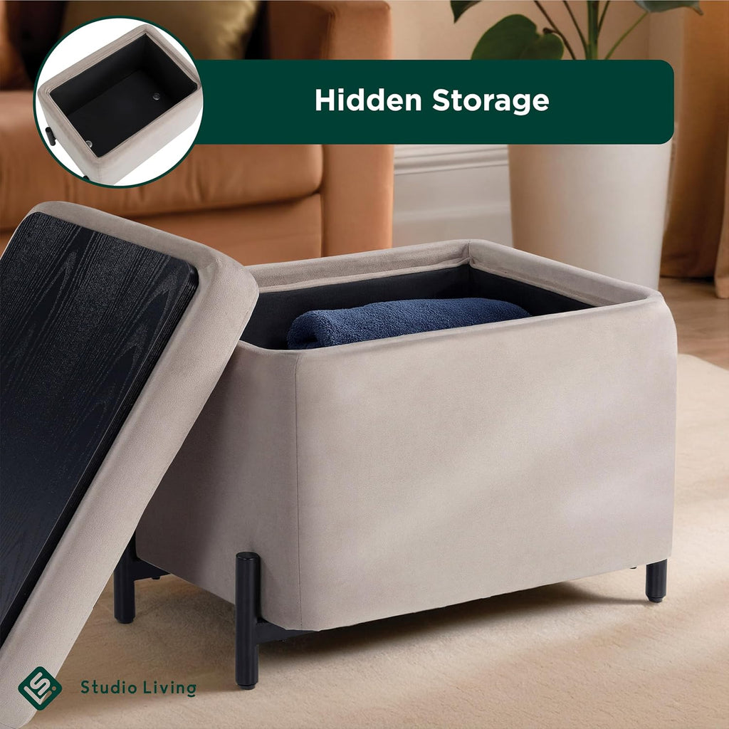 Connor 24" Small Storage Ottoman, Modern Boho, Matte Black Metal Legs, Velvet Fabric, Taupe