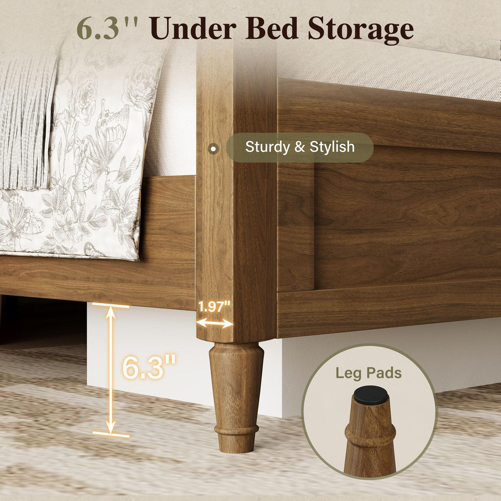 Wood Bed Frame with Curved Headboard, Vintage Bed, Brown