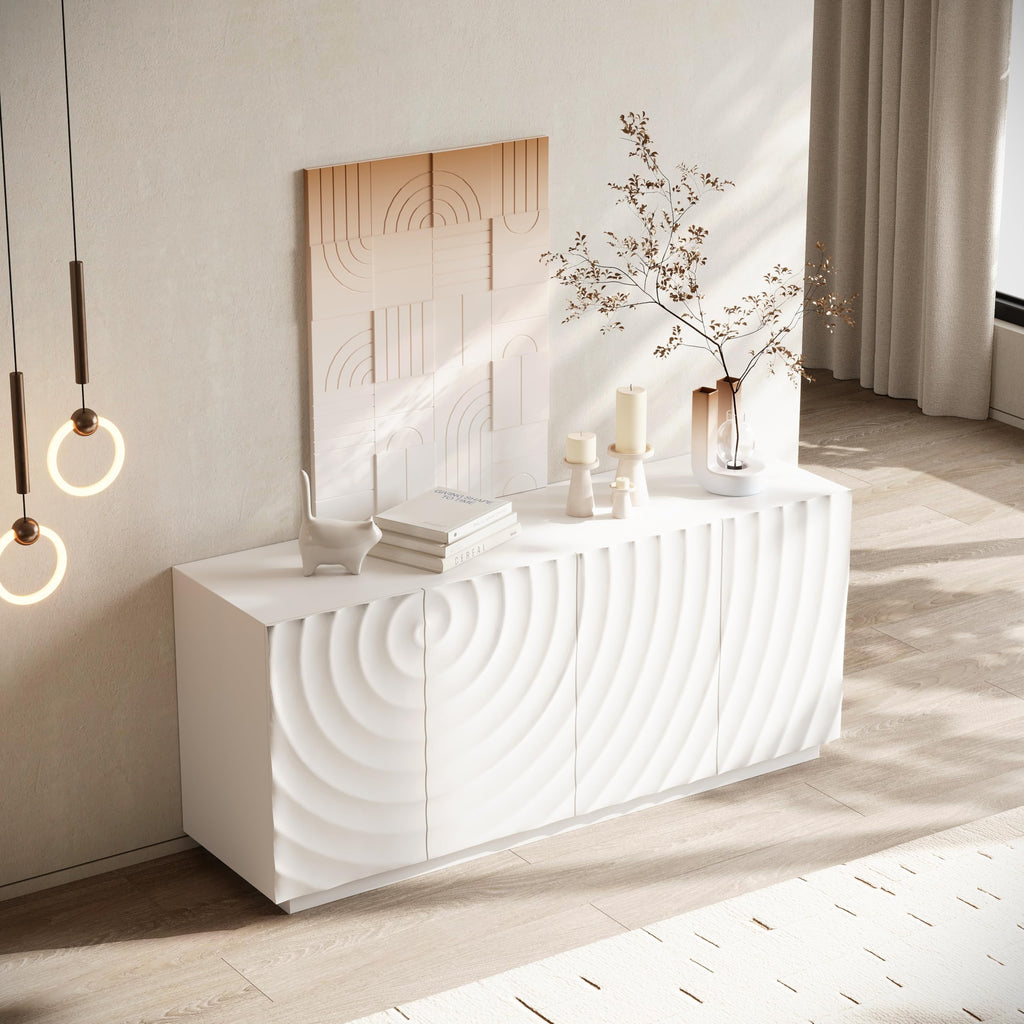4 Door Modern Sideboard Buffet Cabinet, Accent Storage Sideboard with Water Ripple Door Panels Credenza Cabinet