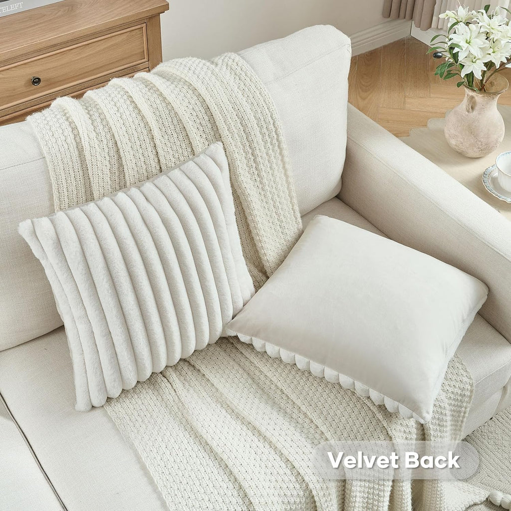 Pack of 2 Fluffy Faux Fur Throw Pillow Covers 26x26 Inch Elegant Striped Textured Decorative Euro Pillow Shams Modern
