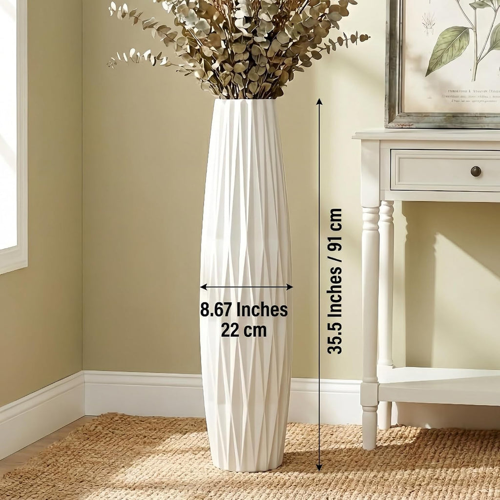 White Tall Ceramic Floor Vase, 35.4 Inch, Ribbed Design, Large Decor | Glossy Glazed Finish, Spacious Rooms