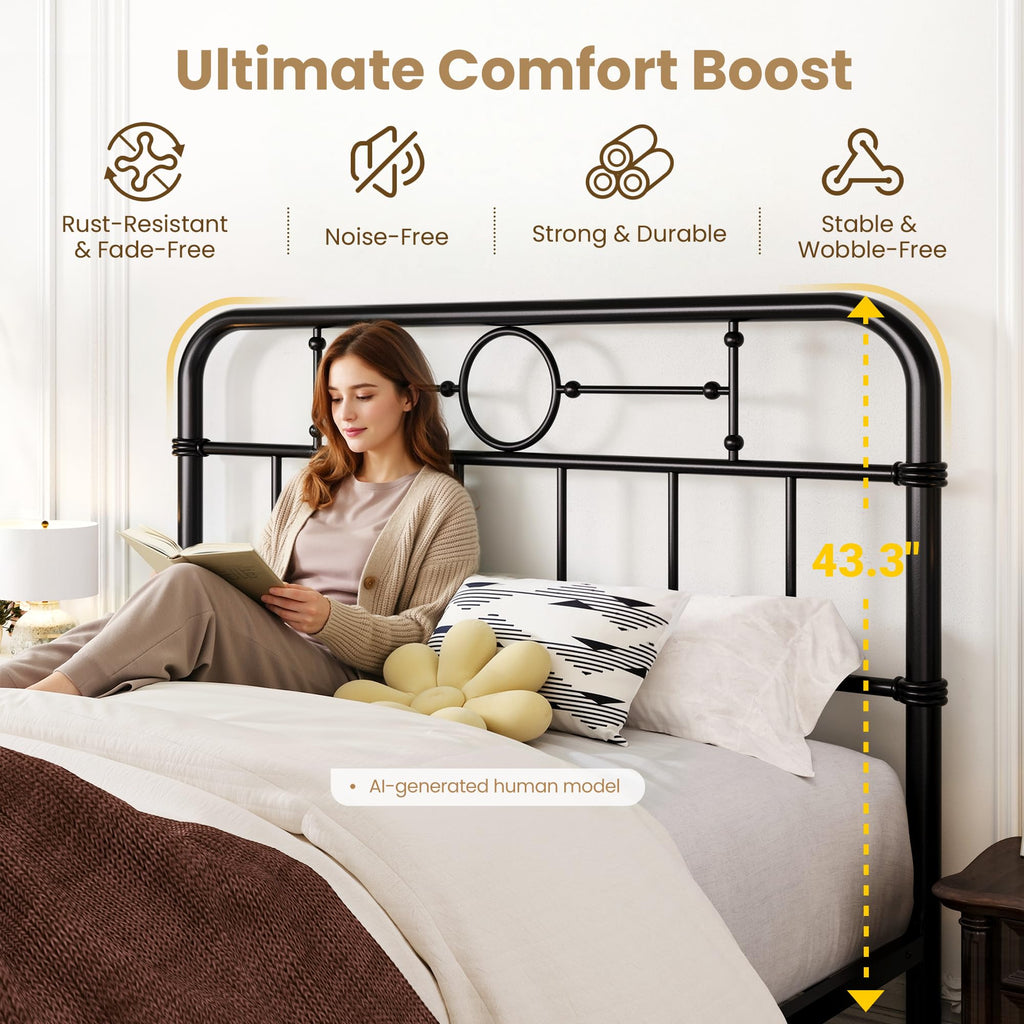 Metal Platform Bed Frame with Vintage Headboard
