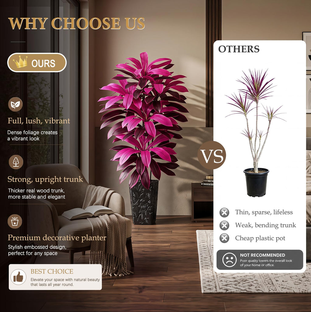 Artificial Dracaena Tree Purple Red, 6FT Tall Plant Black Planter