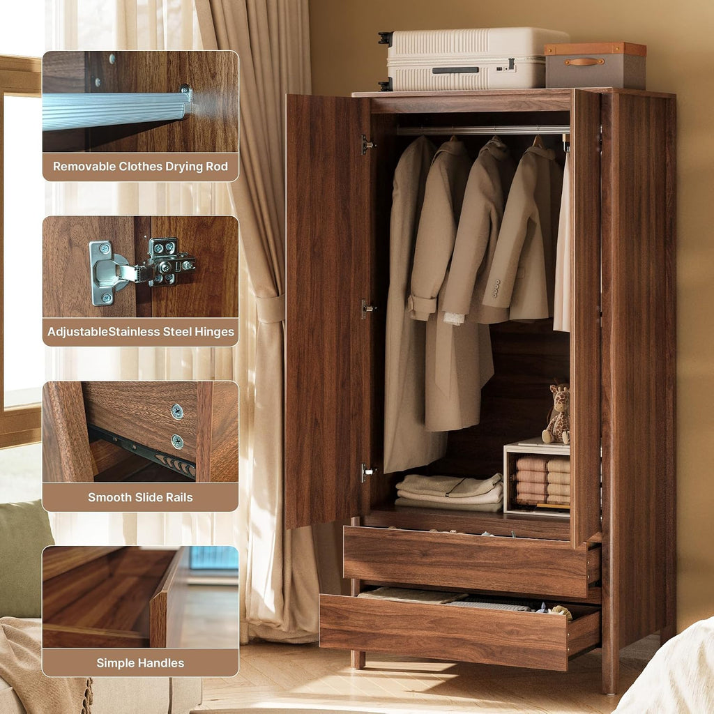 Wardrobe with 2 Doors and 2 Drawers, 70.9"H Modern Walnut Bedroom Armoire Closet with Hidden Handles, Freestanding
