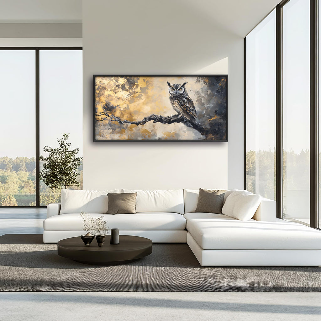 Owl Large Wall Art Framed Gold Wall Decor Mountain Owl Pictures Oversized Canvas Print Painting Modern Extra Large