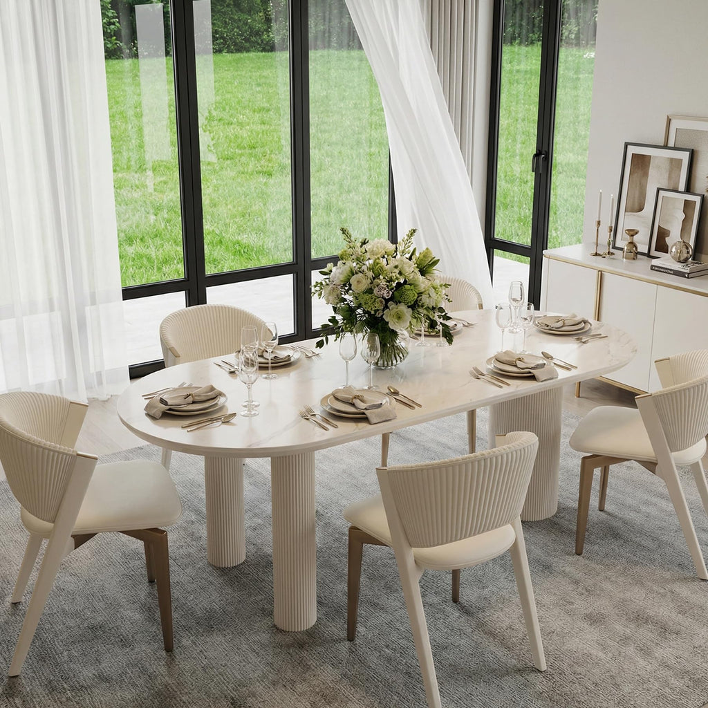 79'' Oval Dining Table for 8-10 People, Scandinavian Wood Dinner Kitchen Table with Sintered Stone Tabletop and