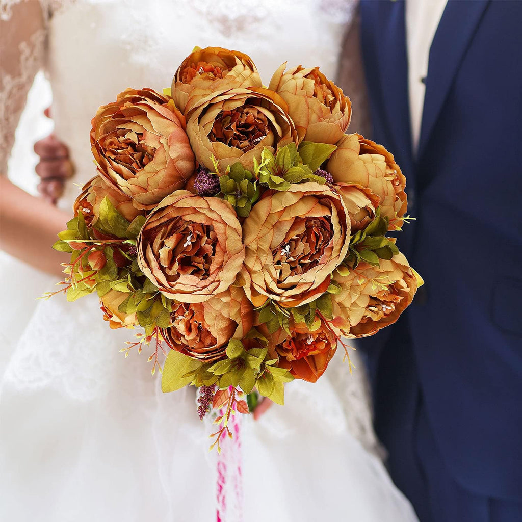 Bunches Artificial Silk Peony Vintage Flower Bouquet for Party Home Table Centerpieces Wedding Decoration (Coffee) - Set of 2