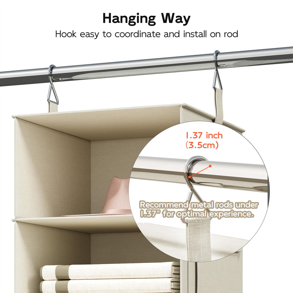 6-Shelf Hanging Closet Organizer with 3 Fabric Drawers, Beige