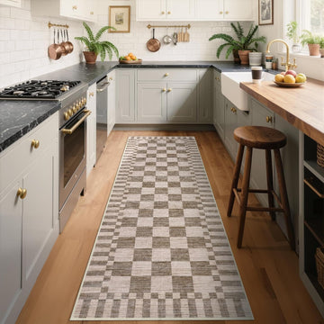 2x6 Kitchen Runner Rug Non Slip Washable Runner Rug | Brown Checkered Rug Soft Low-Pile Geometric Tan Print Modern