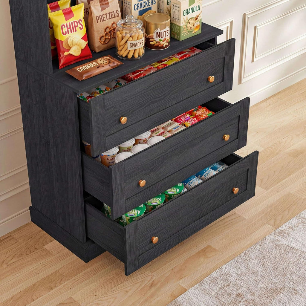 71" Farmhouse Kitchen Pantry Cabinet Set of 2 with Drawers, Black Freestanding Coffee Bar Hutch with Microwave Stand