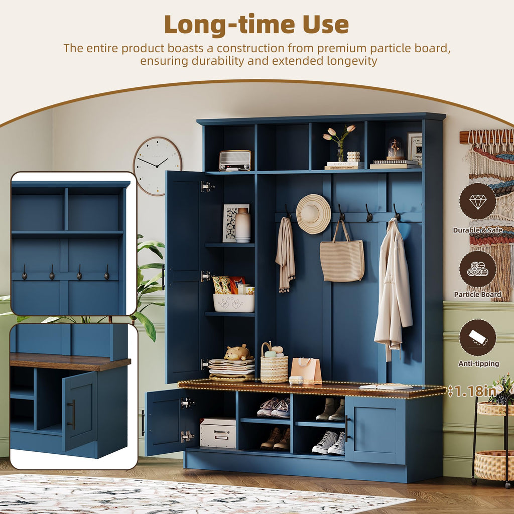 Farmhouse Versatile Wood Hall Tree 6 Hooks and Shoe Bench, Blue