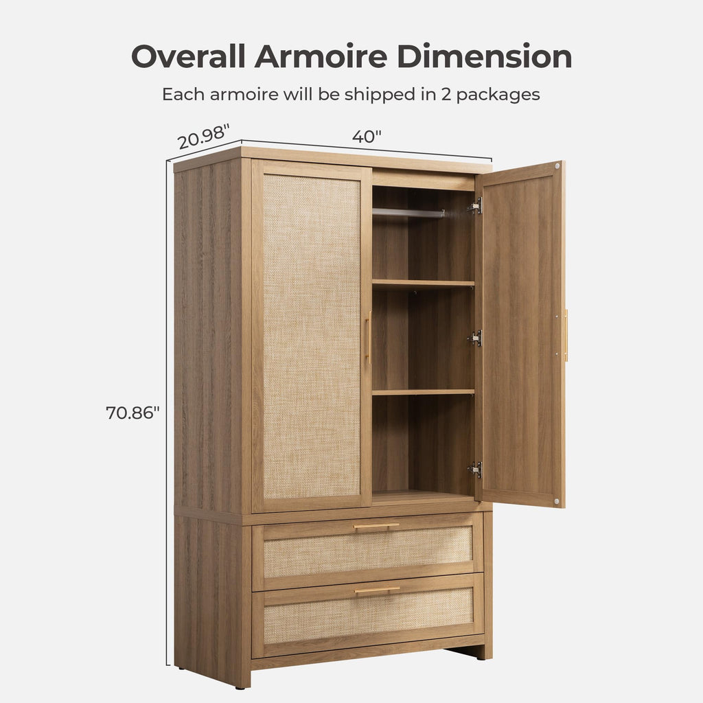 71 inch Armoire Wardrobe Closet, Rattan Boho Wardrobe with Drawers