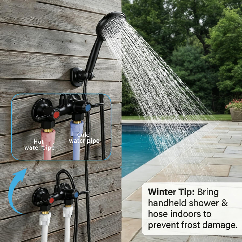 Outdoor Shower Kit Solid Brass 4 Inch Center Valve 59 Inch Hose Matte Black