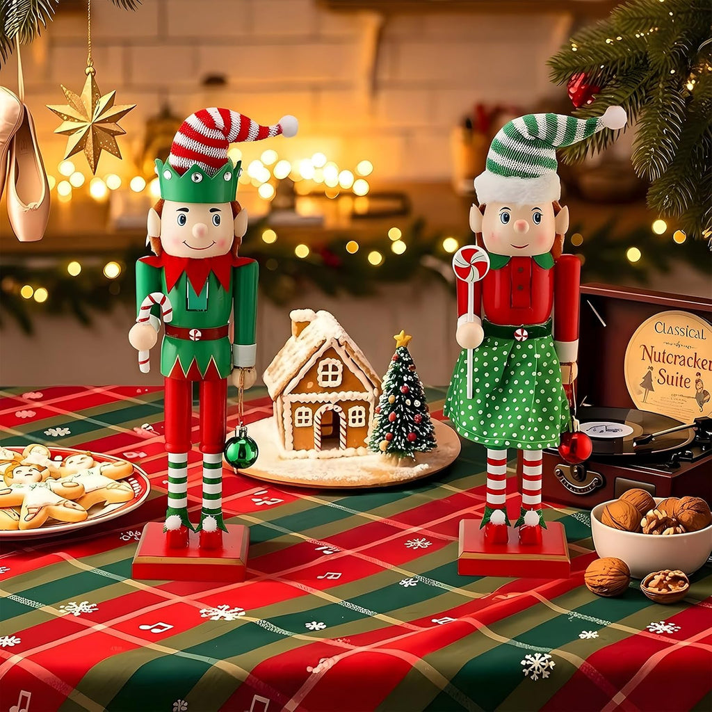 2 Pcs Christmas Nutcracker 14 Inch Wooden Elf Candy Cane Decor