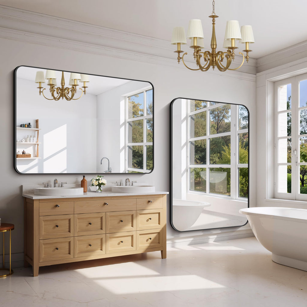 Large Bathroom Mirror 60" x 40", Black Rectangle Metal Framed Rounded Corner Wide Wall Mounted Mirror Bedroom