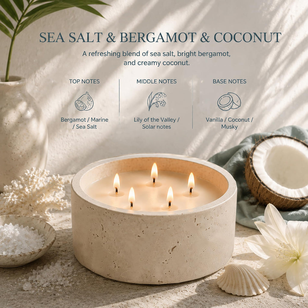 5-Wick 44oz Large Scented Candle-Sea Salt & Bergamot & Coconut, Soy Coconut Wax Blend Candle with Acacia Wood