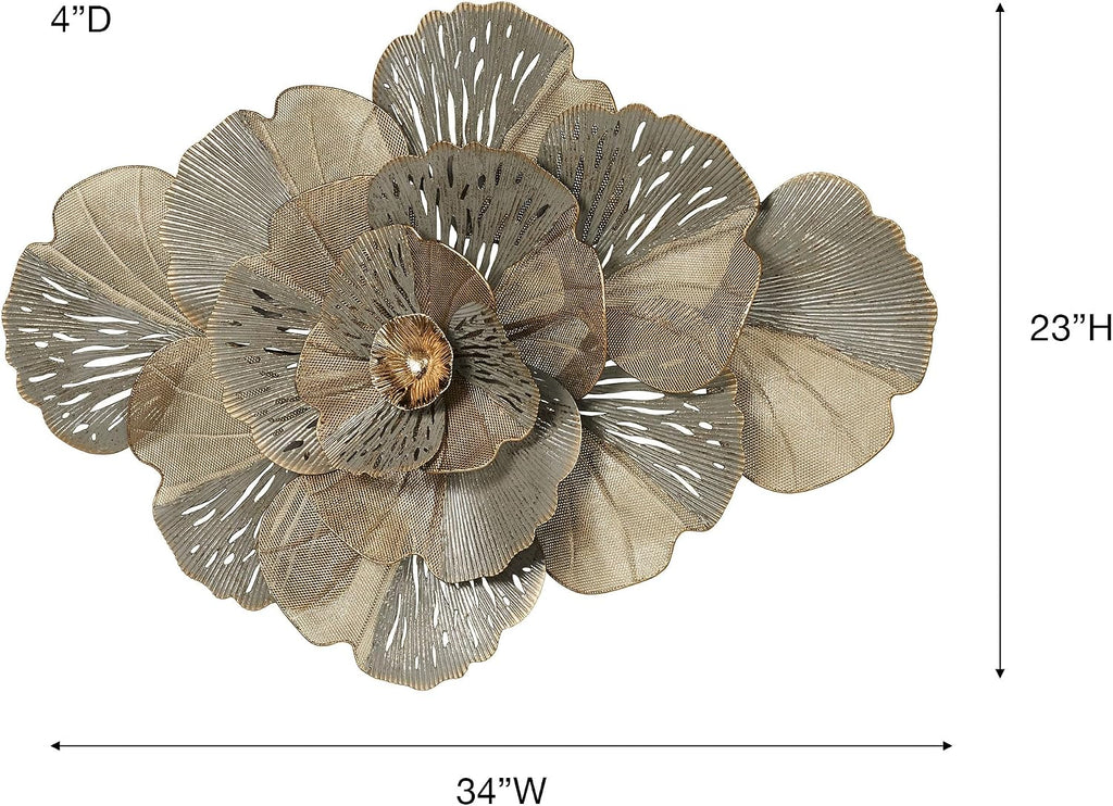 Fontana Floral Bloom Dimensional Mesh Metal Wall Art - Gold, Taupe, Gray - Charming Openwork Decor - Horizontally