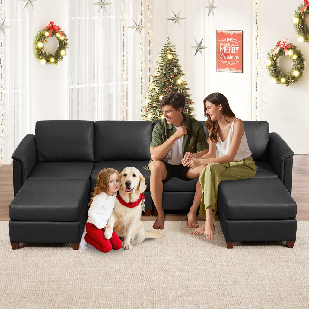 166" Modern Sectional Sofa, Faux Leather Modular Sectional Couchs with Storage Waterproof Convertible U/L Shaped Wide