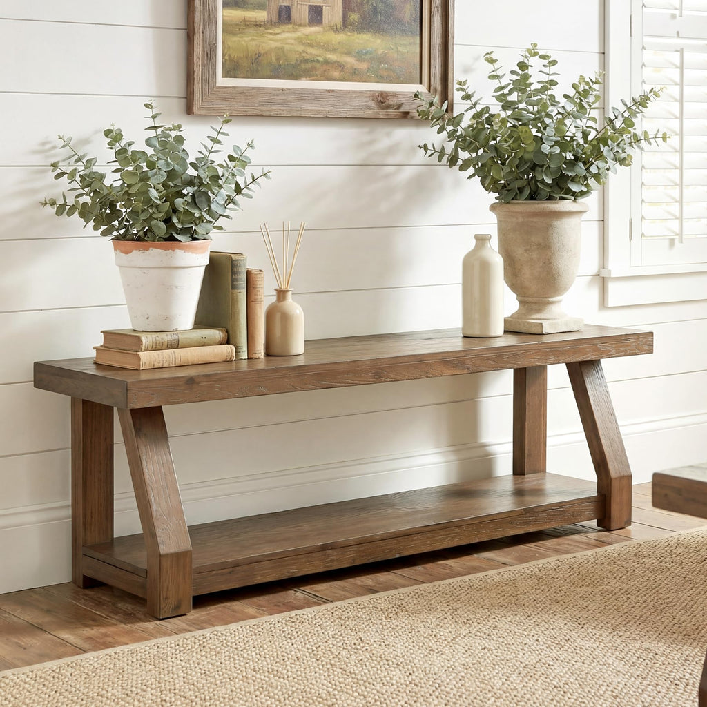 63" Solid Wood TV Stand, 2-Tier Media Console with Open Storage, Farmhouse Entertainment Center, Easy Assembly