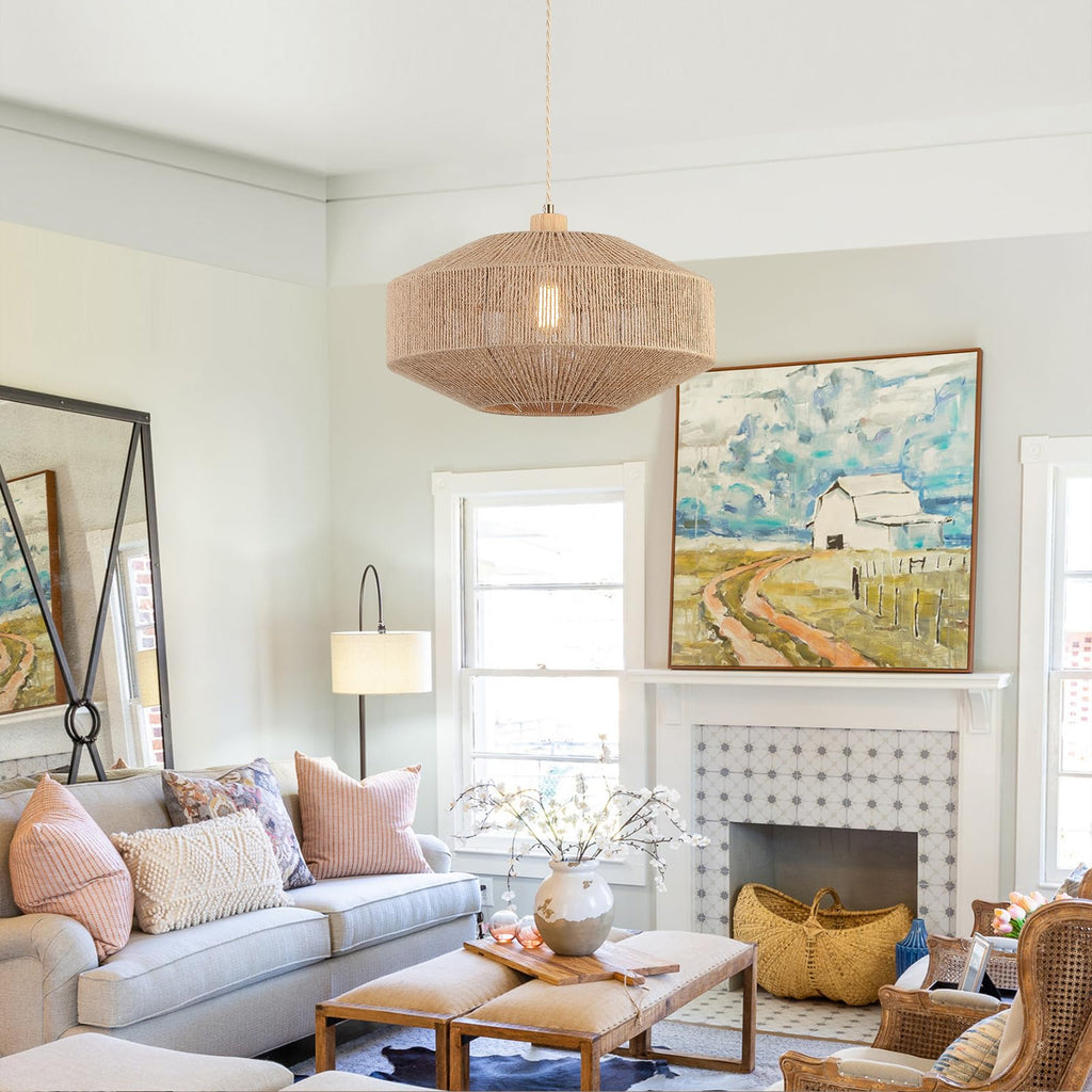 Coastal Large Woven Plug in Pendant Light with 14ft Handmade Woven Light Cord, Dimmable Switch, Natural Hemp Rope