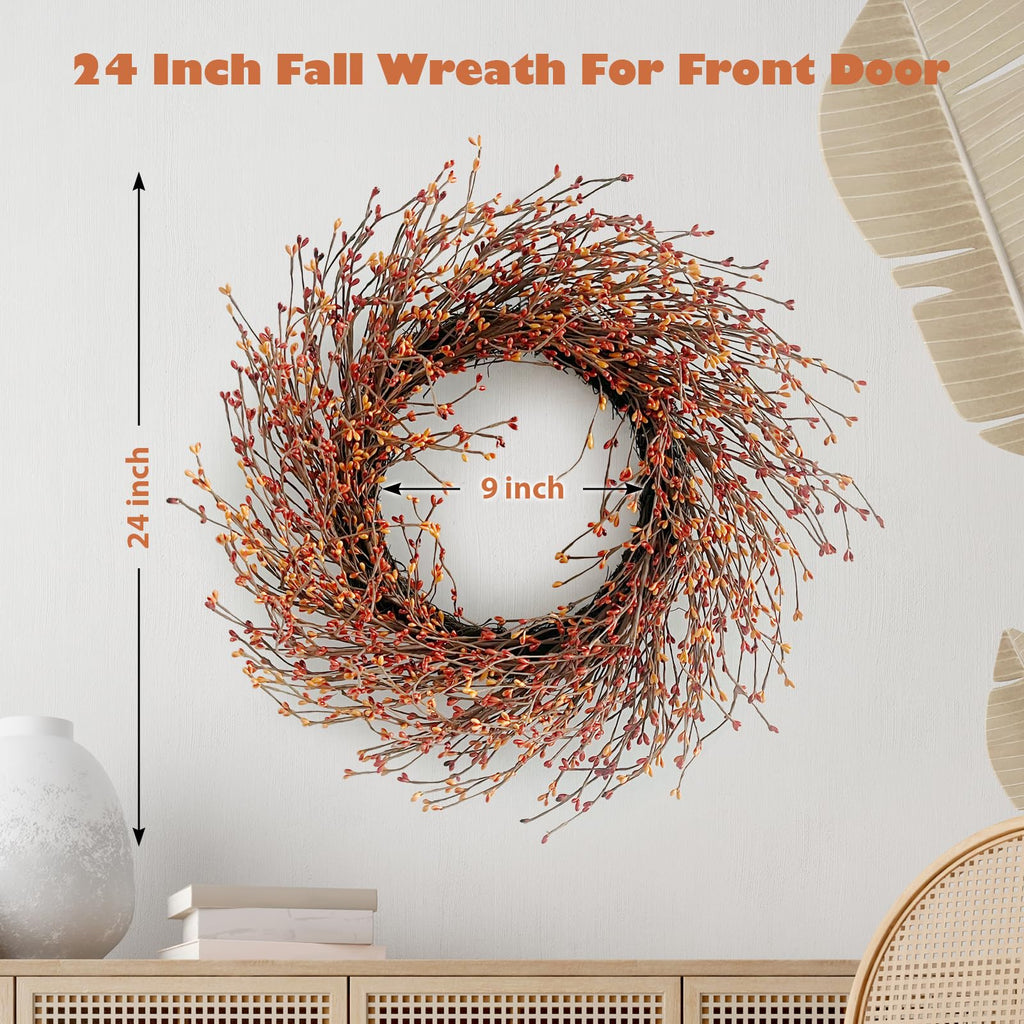 24 Inch Fall Wreath for Front Door Full Artificial Grapevine Wreath