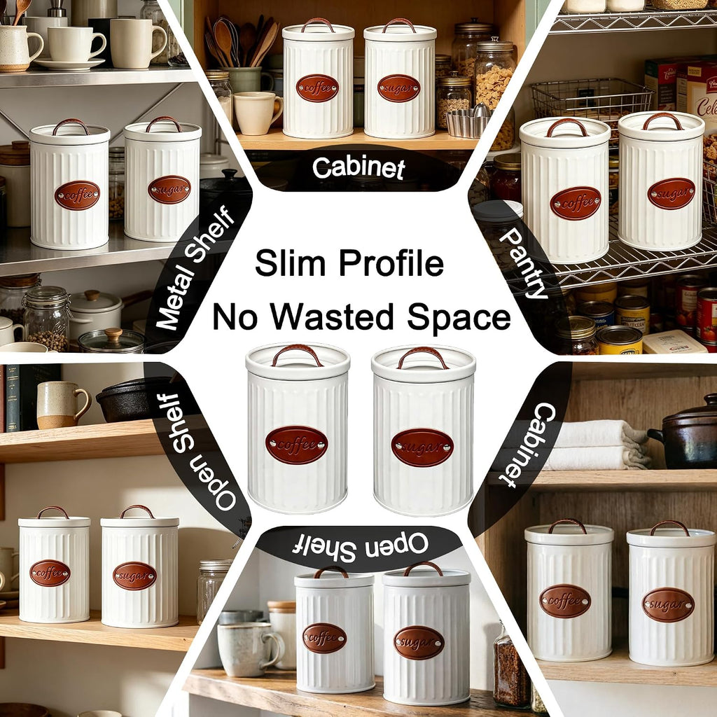 Metal Food Canister Set, 37oz, White, Airtight, for Coffee, Sugar, Beans, Pods, Rustic Farmhouse Kitchen - Set of 2