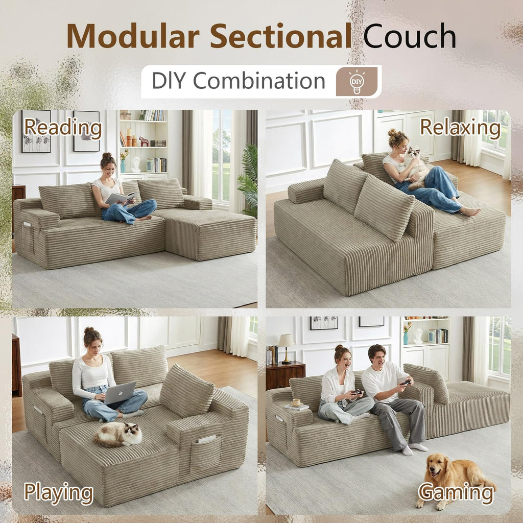96" Cloud Sectional Couch with L-Shape Chaise, Modular Comfy Sofa Chaise Longue, Upholstered Corduroy Couches Sleeper