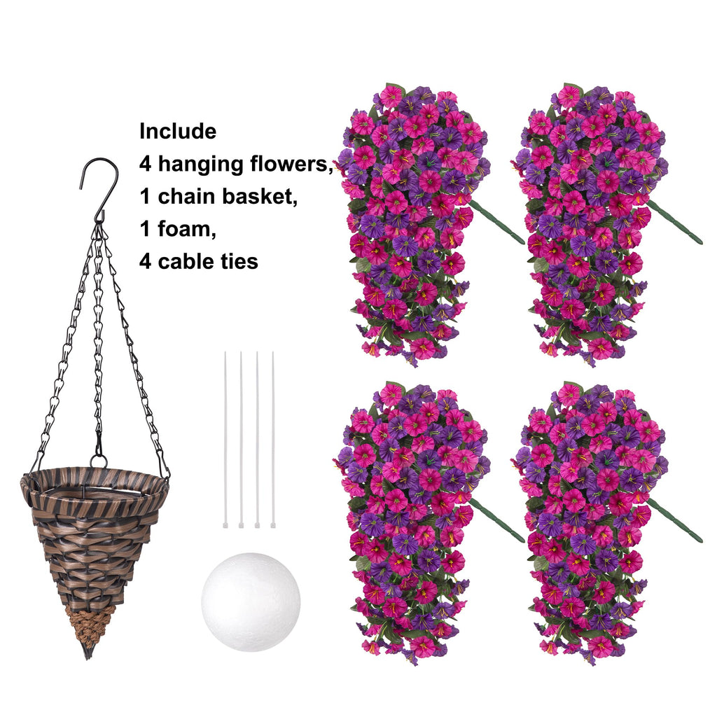 Artificial Fake Hanging Flowers in Basket for Outdoor Indoor Decoration, UV Resistant Faux Silk Dark Purple and