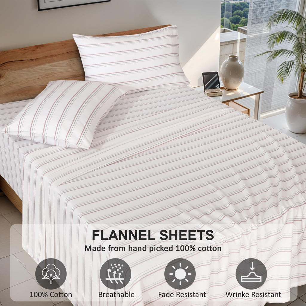 100% Cotton Flannel Sheets California King Size, Twill Stripe