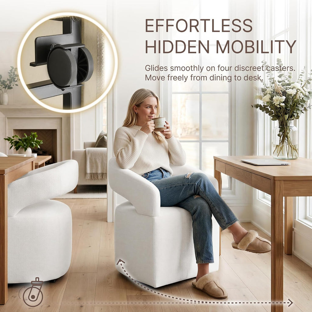 Upholstered Dining Chairs Set of 2, Modern Arm Kitchen & Dining Room Chairs with Hidden Casters, Linen Fabric Padded