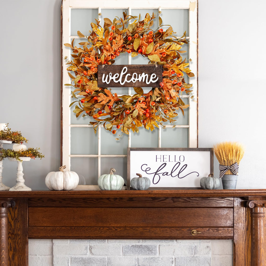 Artificial Fall Wreath - 18'' Autumn Front Door Wreath with Fall Leaves, Small Pumpkins, Cluster of Berries for