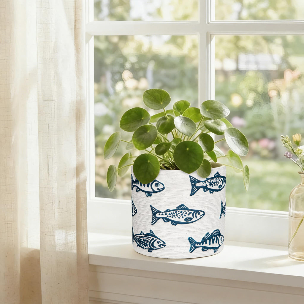 Ceramic Plant Pots, 5.5 Inch Planter Pot with Drainage Hole, Shell Fish Patterns Ceramic Planters Flower Pot for